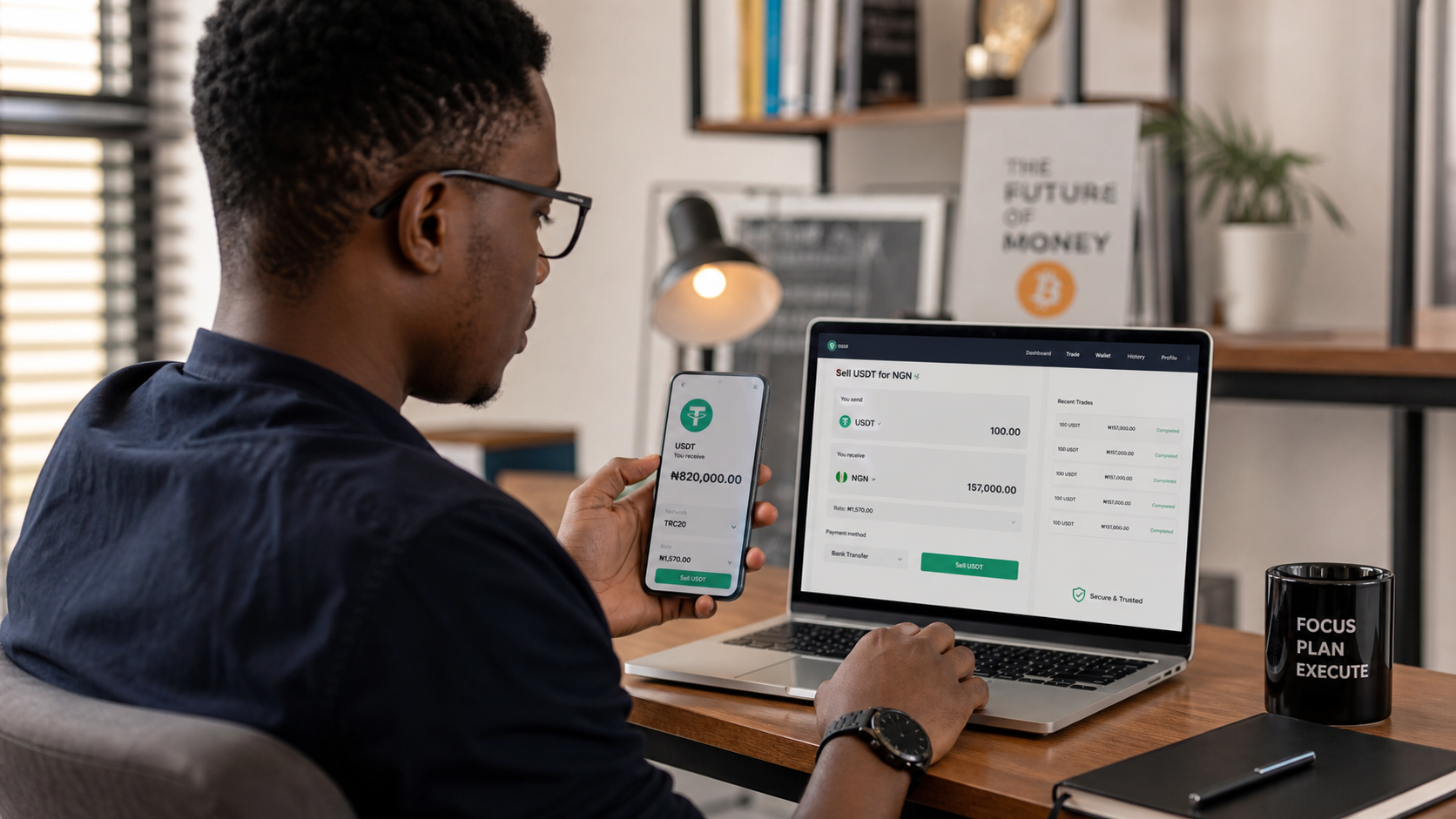 Selling USDT for Naira safely starts with checking the rate, the network, and the payout process User reviewing a USDT to Naira transaction flow on a laptop and phone